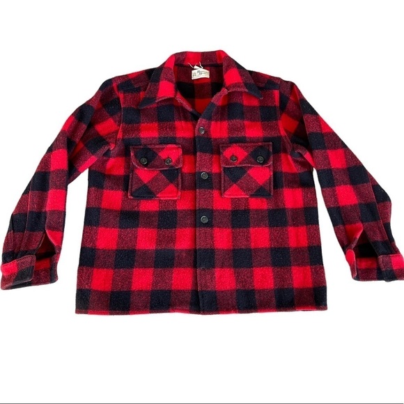 Vintage Minnesota Woolen Lumberjack Buffalo Plaid Shirt Jacket Heavy Wool Large - Picture 1 of 12